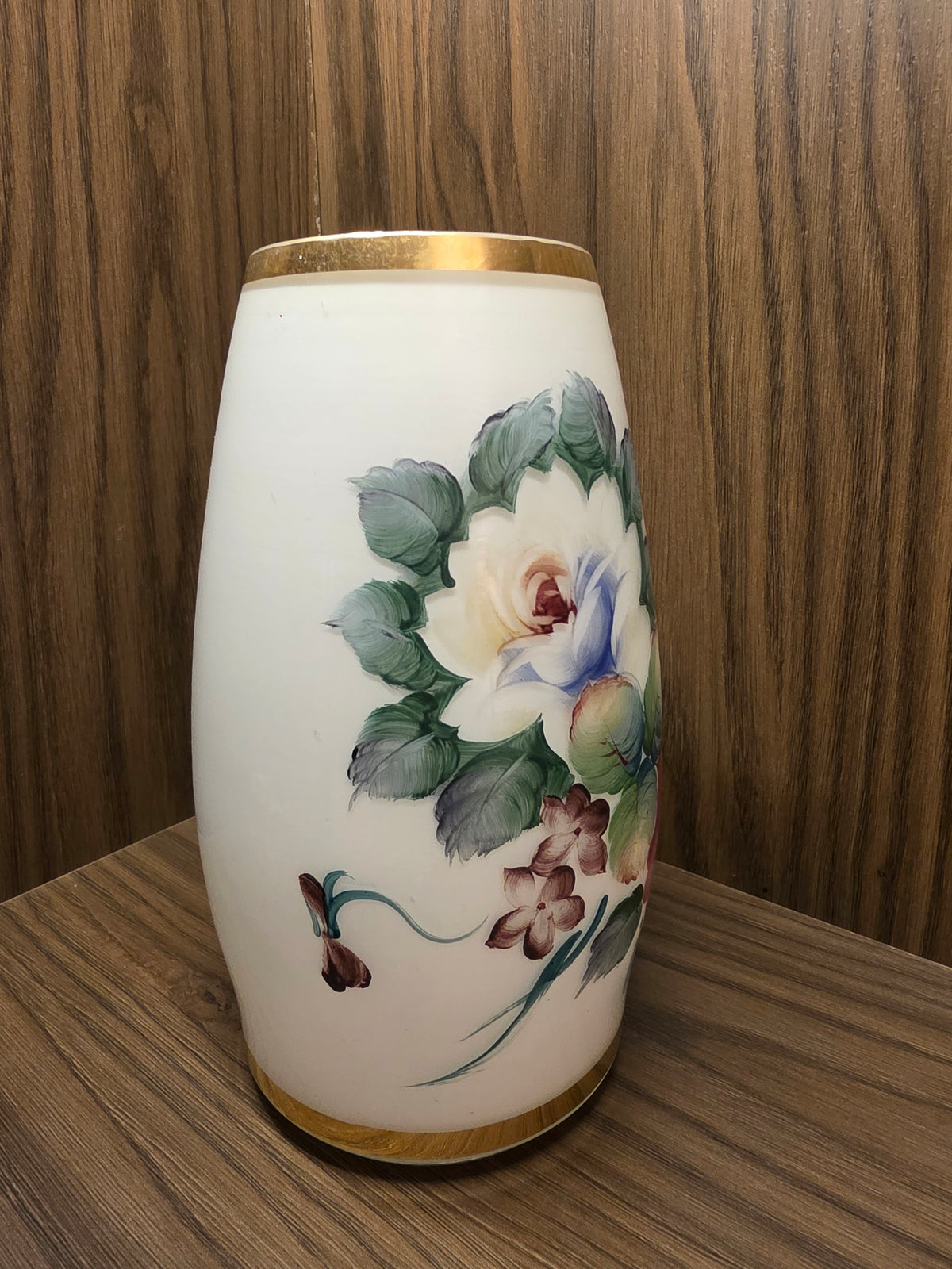 Vintage French Hand-Blown Opaline Glass Cask Vase with Hand-Painted Cabbage Roses and Gold Trim