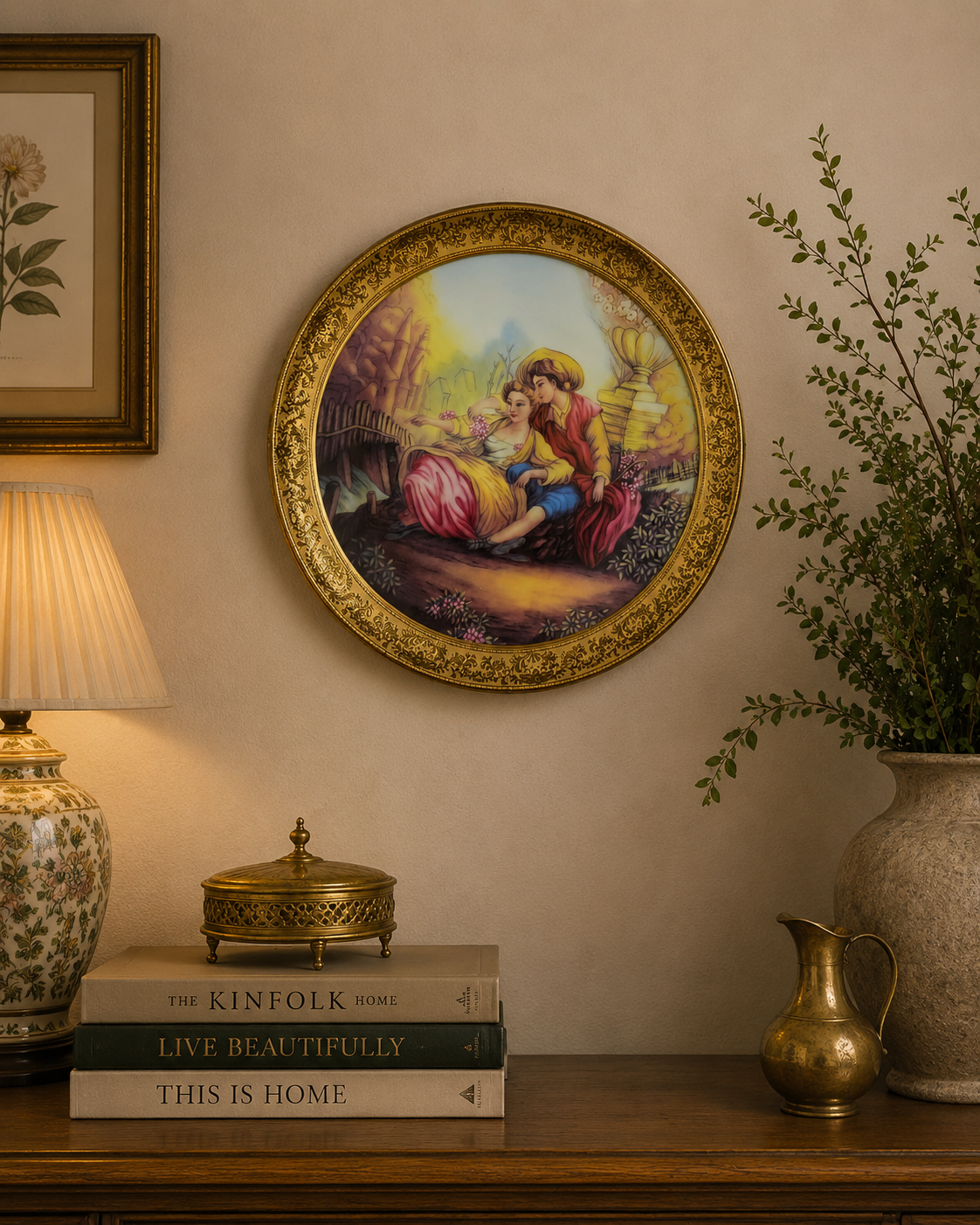 Romantic Porcelain Wall Plate in Ornate Gold Frame