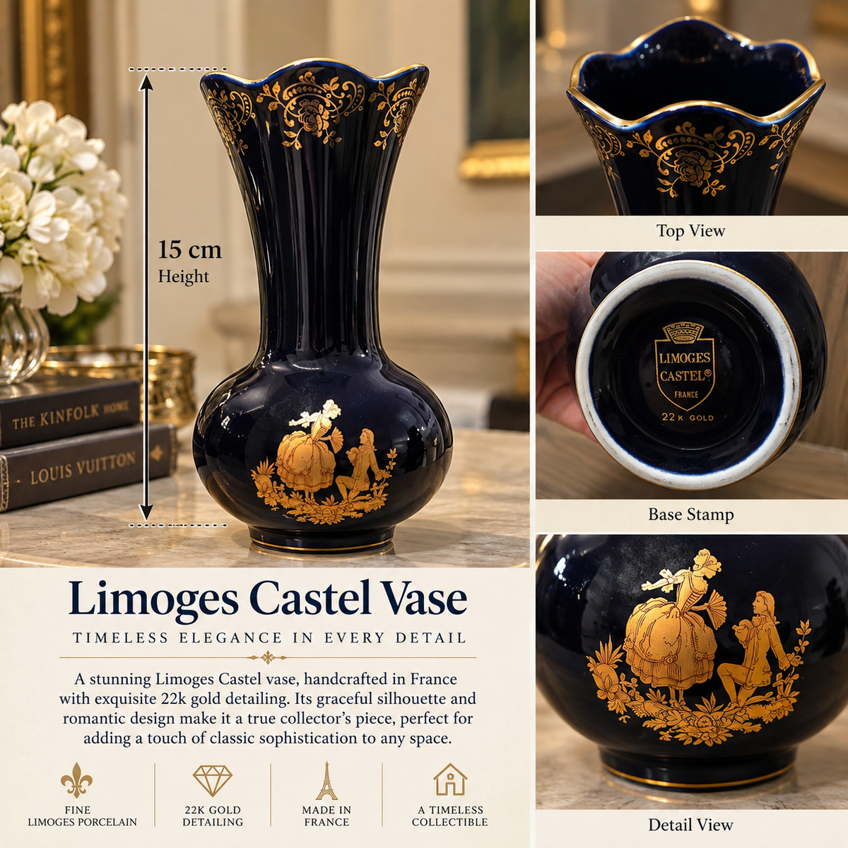 Vintage Limoges Castel France Cobalt Blue Porcelain Vase – 22K Gold Courting Couple, 15 cm