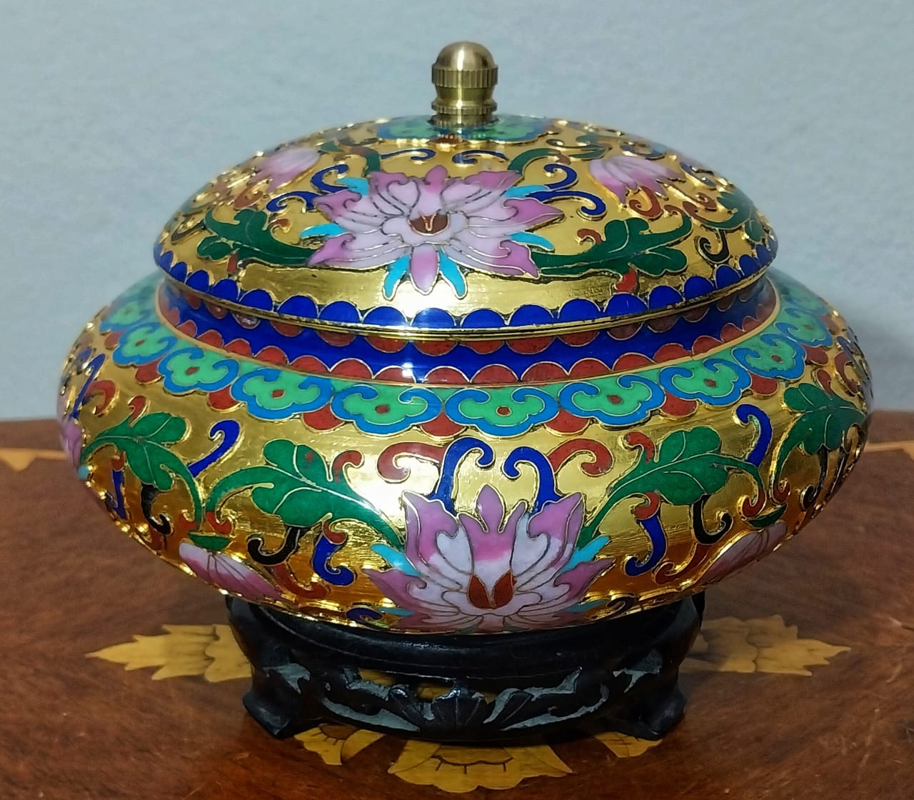 Vintage Cloisonné Lidded Jar with Lotus Motifs & Gold Finish