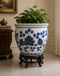 Large Bleu Blanc Floral Porcelain Planter with Wooden Stand
