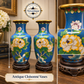 Pair of Vintage Cloisonne 23cm Vases – Sky Blue Enamel Peony & Wood Stands