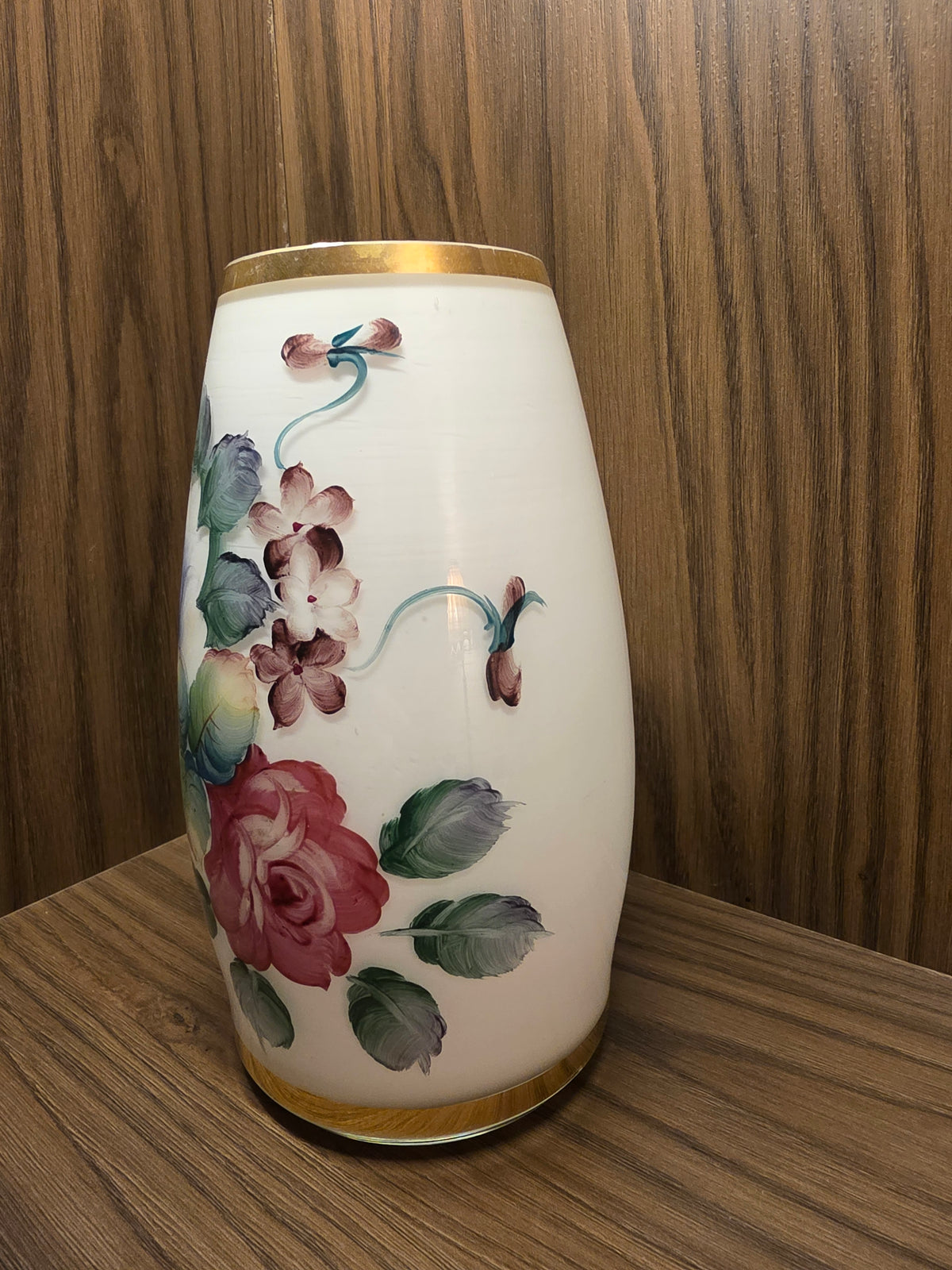 Vintage French Hand-Blown Opaline Glass Cask Vase with Hand-Painted Cabbage Roses and Gold Trim