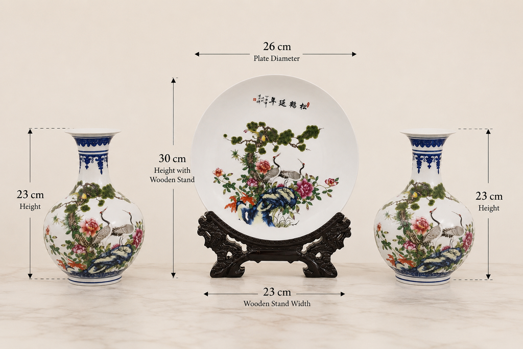 3-Piece Chinese Porcelain Set Vase Pair & Plate with Stand Cranes & Pine Motif