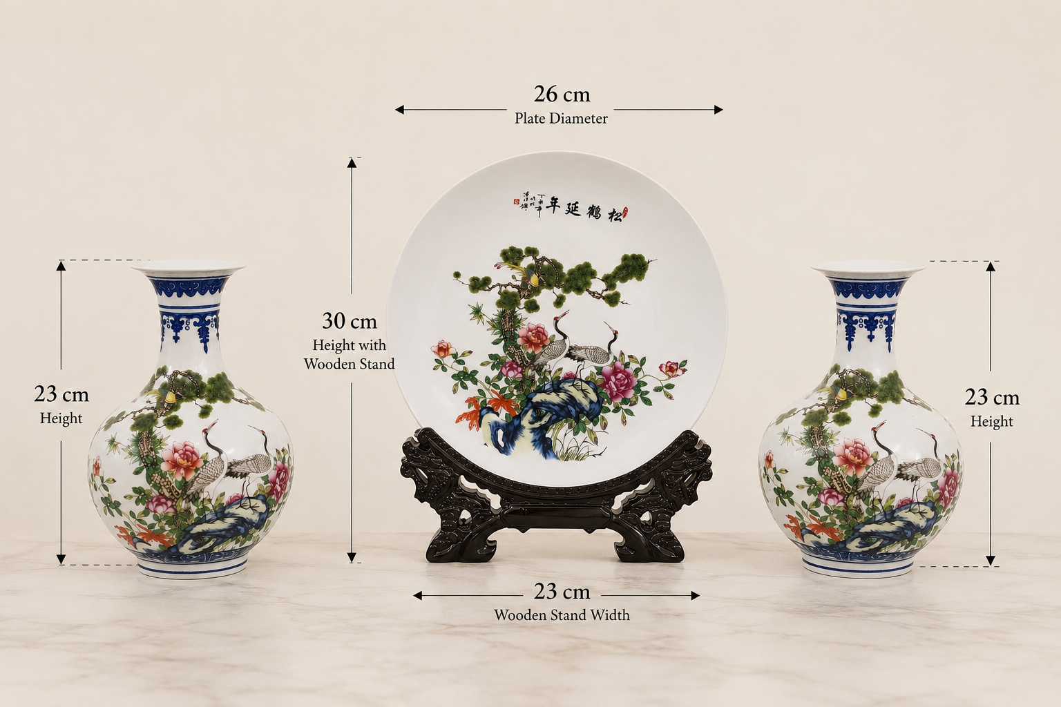 3-Piece Chinese Porcelain Set Vase Pair & Plate with Stand Cranes & Pine Motif