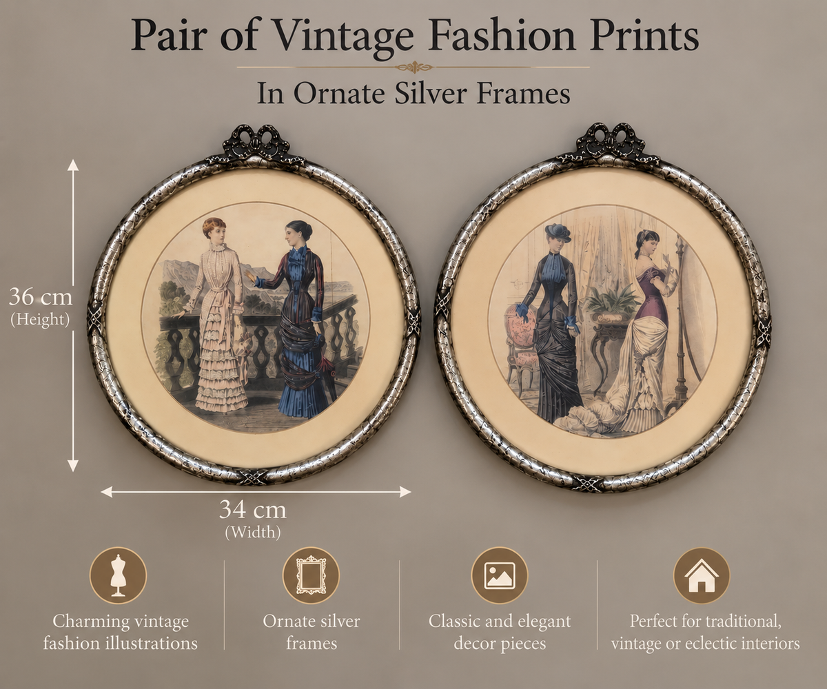 Pair of Vintage Fashion Prints in Ornate Silver Frames