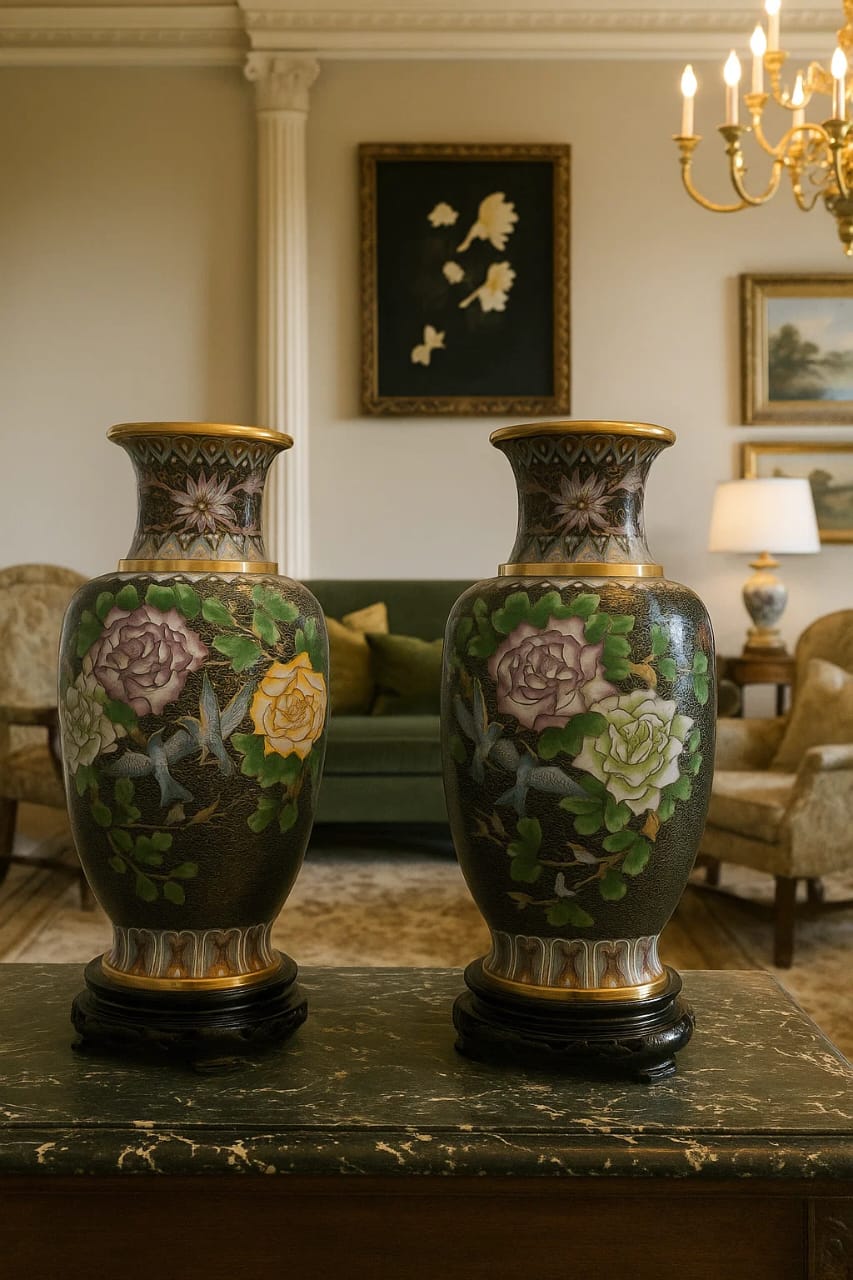 Pair of ornate cloisonné vases
with colorful floral motifs.