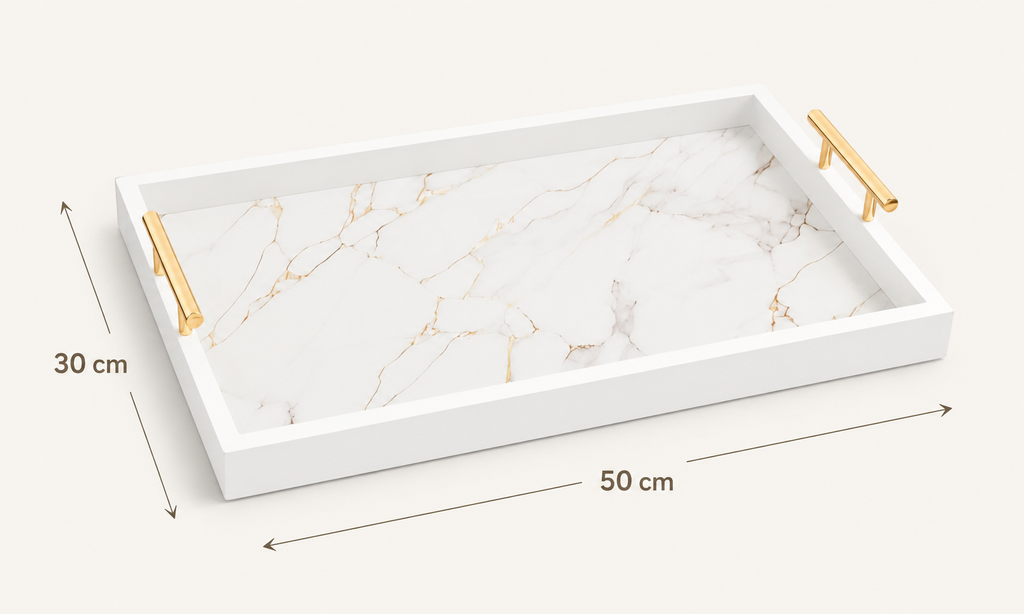 Elegant White Marble-Effect Serving Tray with Gold Handles – 50 × 30 cm