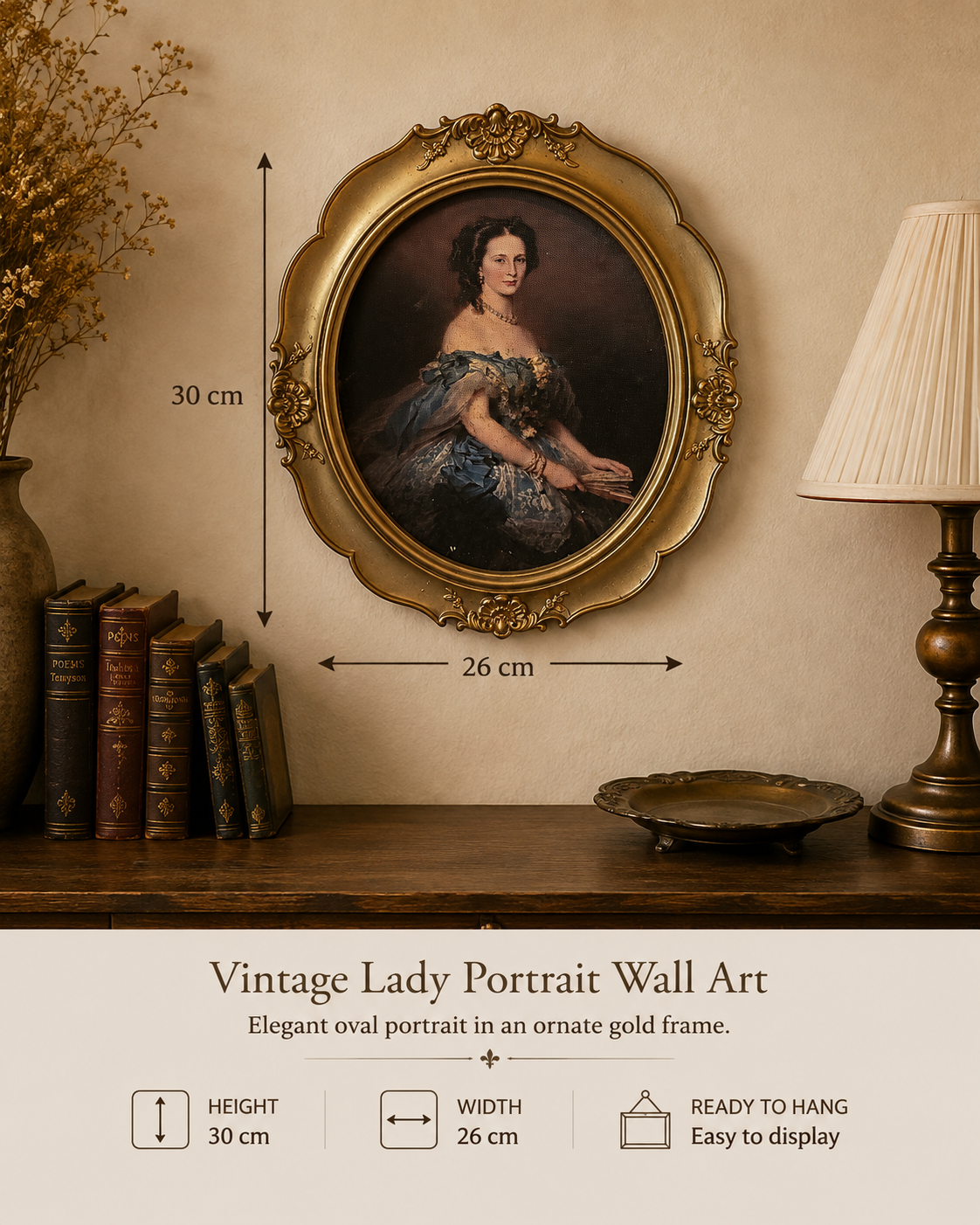 Vintage Lady Portrait in Ornate Gold Frame – 30 cm