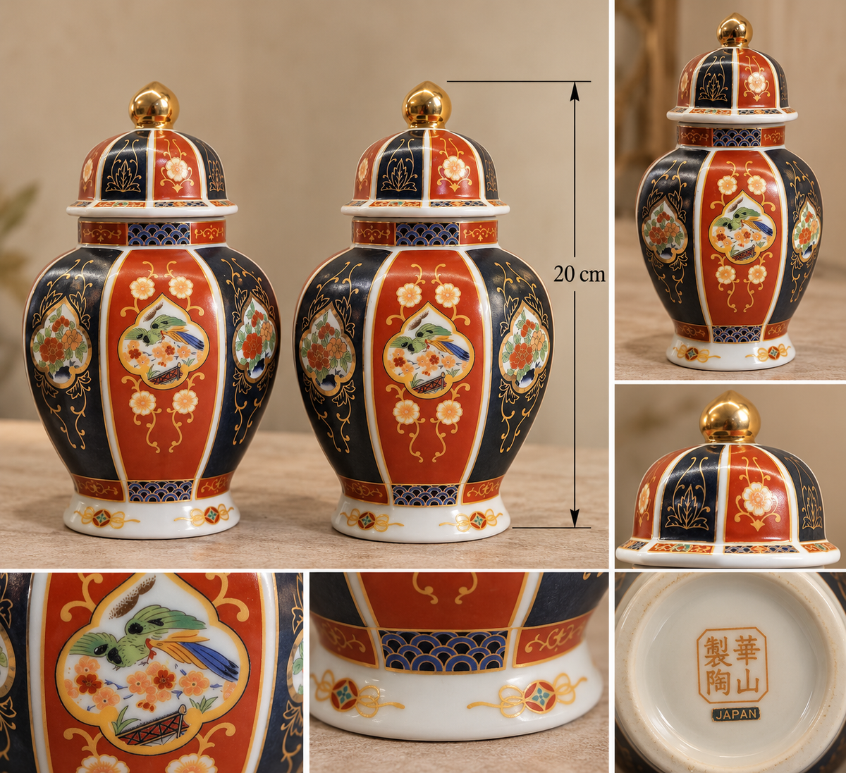 Vintage Kazan-sei Porcelain Urns, Hand-Painted Japanese Imari Floral & Bird Design
