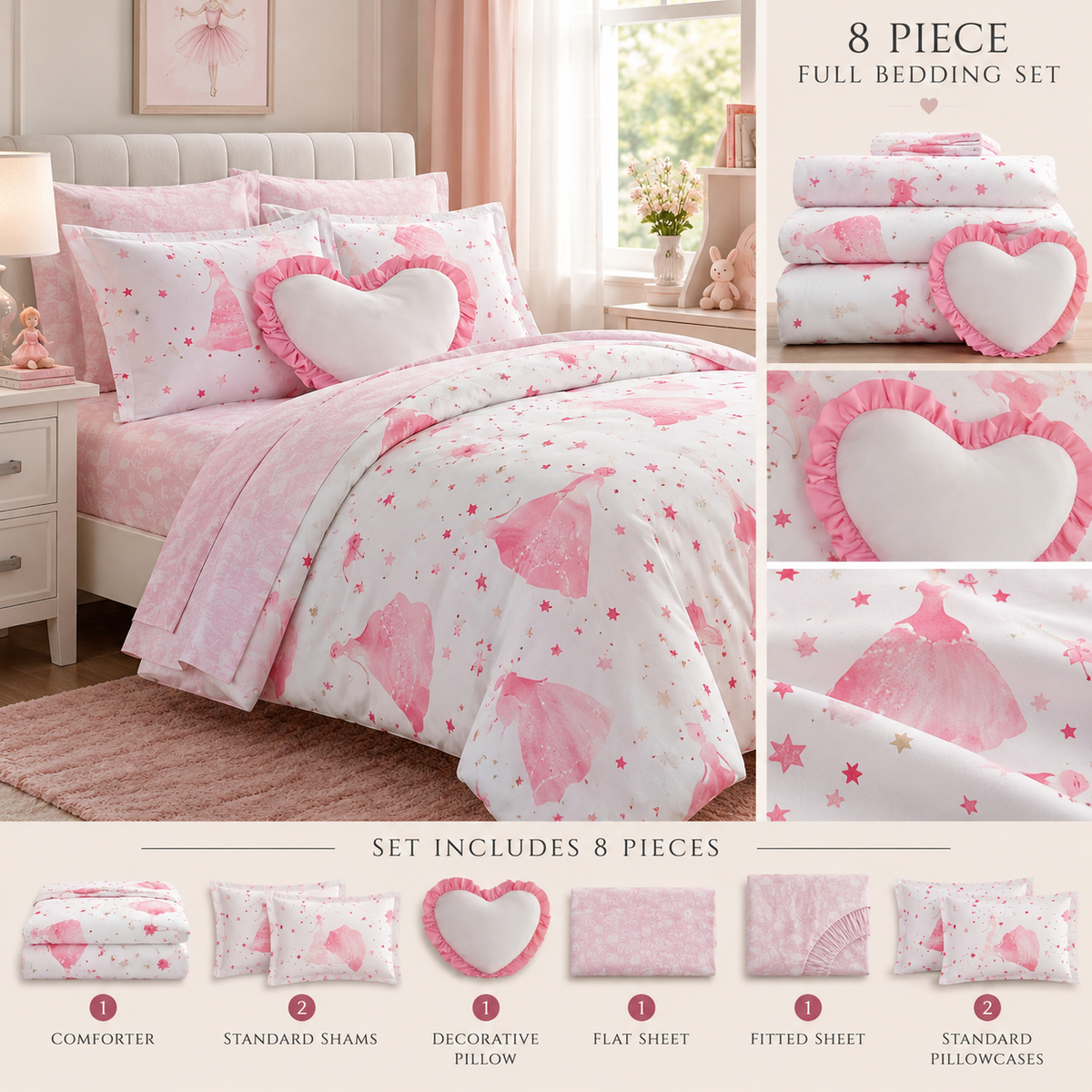 Imported High quality: Sweet Dreams in Pink – 8-Piece Bedding Set