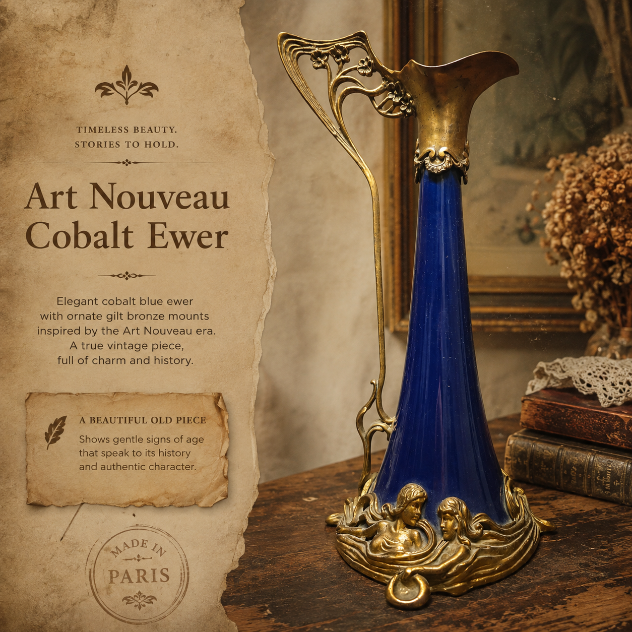 Art Nouveau Cobalt Blue Ewer with Gilt Bronze Mounts