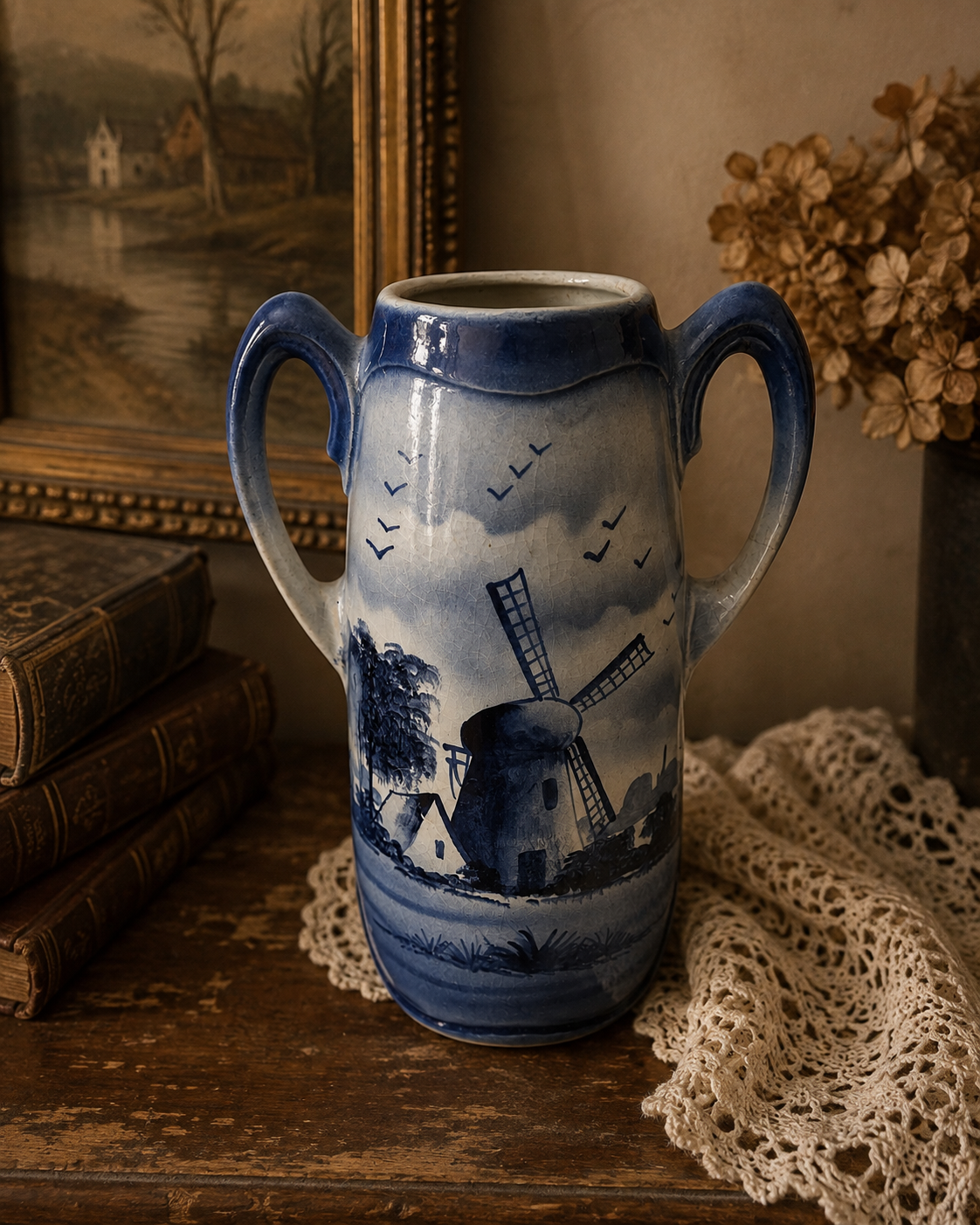 Antique Lunéville France Blue & White Windmill Twin-Handled Vase (No. 432)