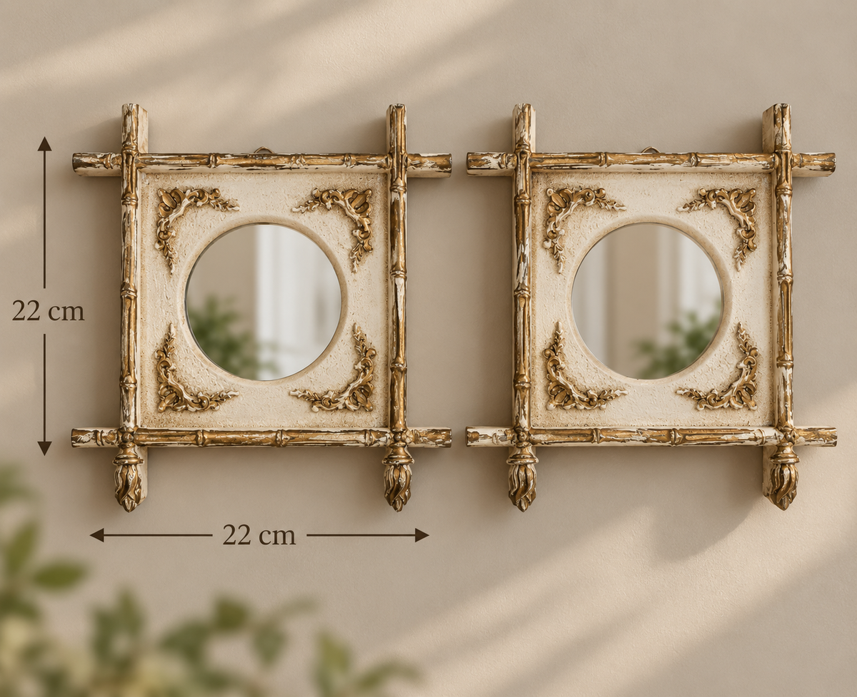 Pair of Vintage-Style Bamboo & Floral Wall Mirrors