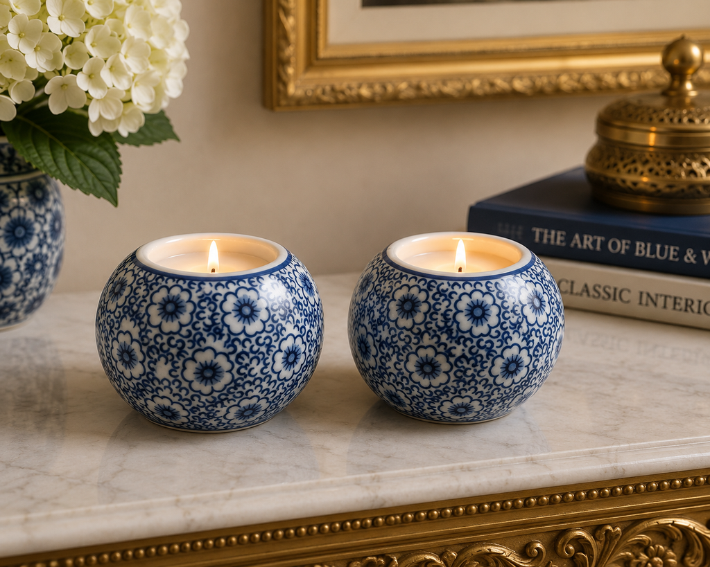 Bleu Blanc Small Candle Holder Pair