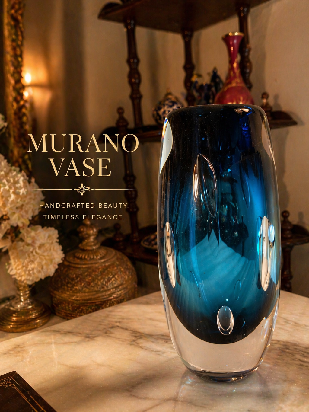 Murano Art Glass Vase – Deep Ocean Blue Elegance