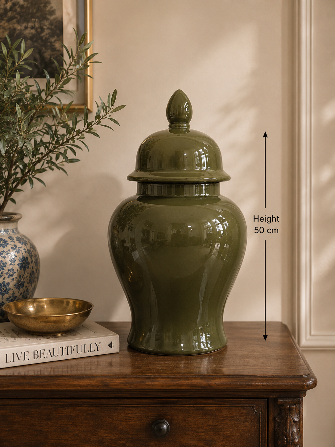 Olive Green Ceramic Ginger Jar – 50 cm