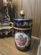 Vintage Limoges France Cobalt Blue & Real Gold Lidded Porcelain Jar - Fragonard Scene