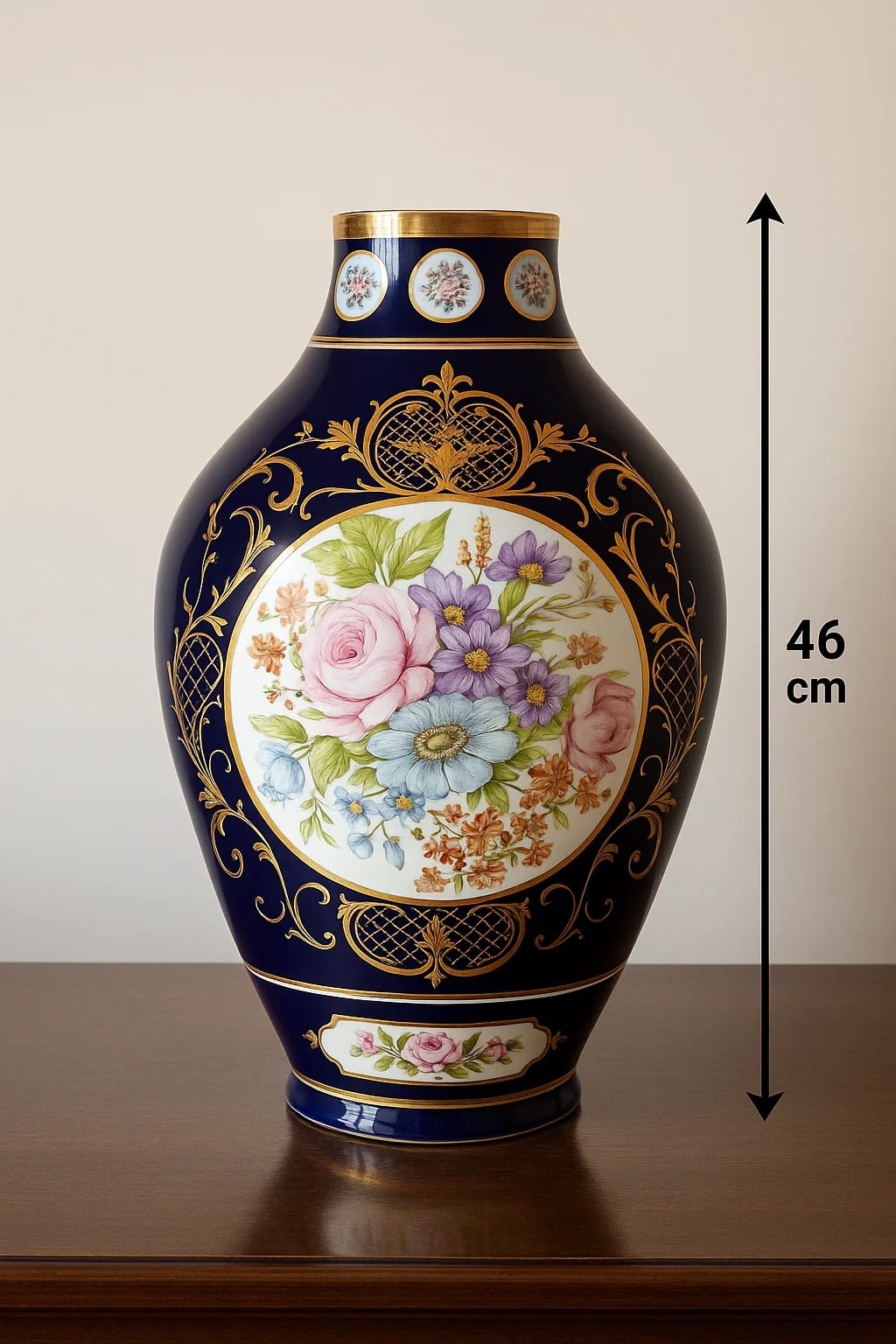 Dark blue Porcelain Vase with Gilt Cartouches and Floral Medallions