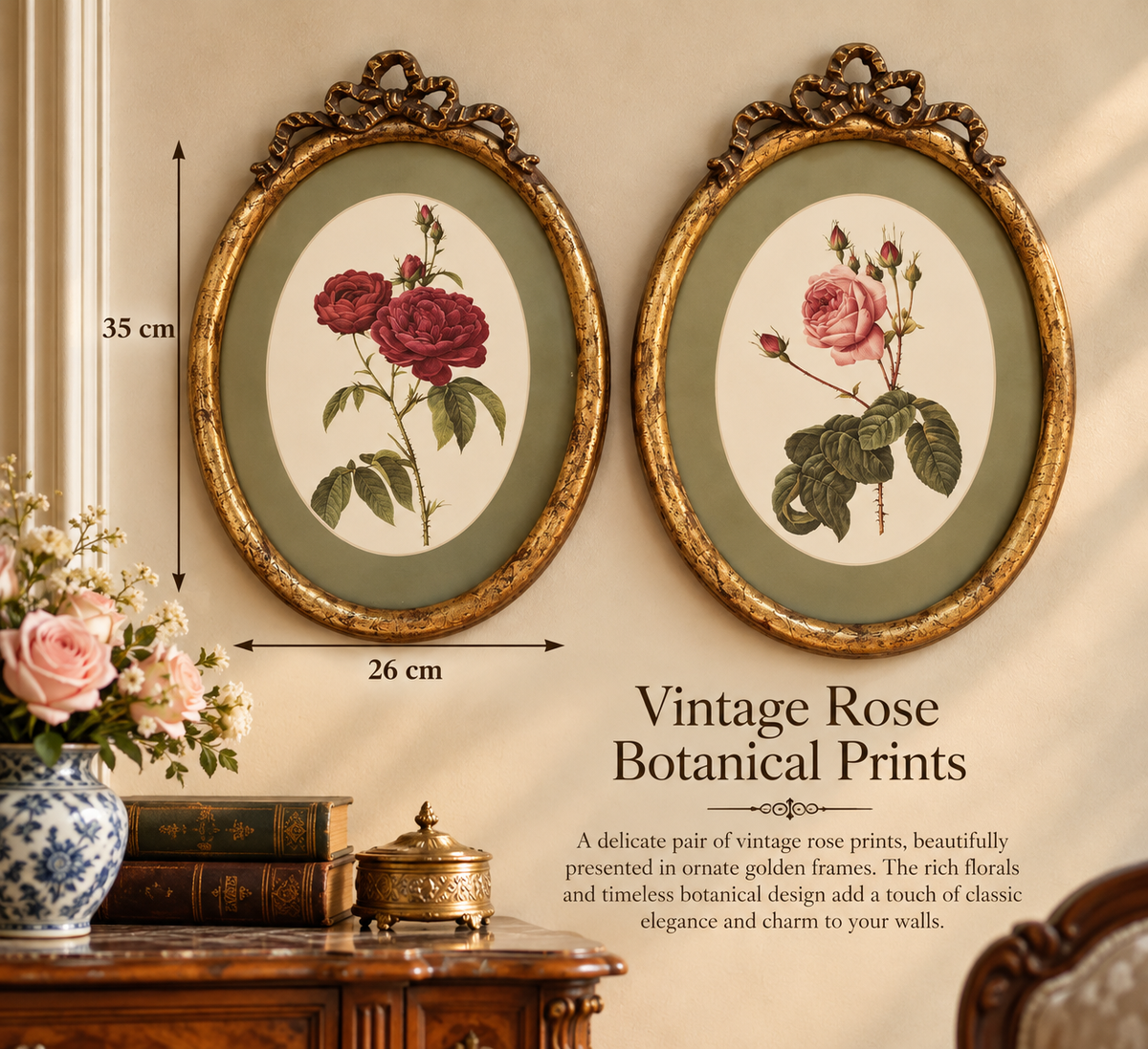 Vintage Rose Botanical Prints in Ornate Golden Frames