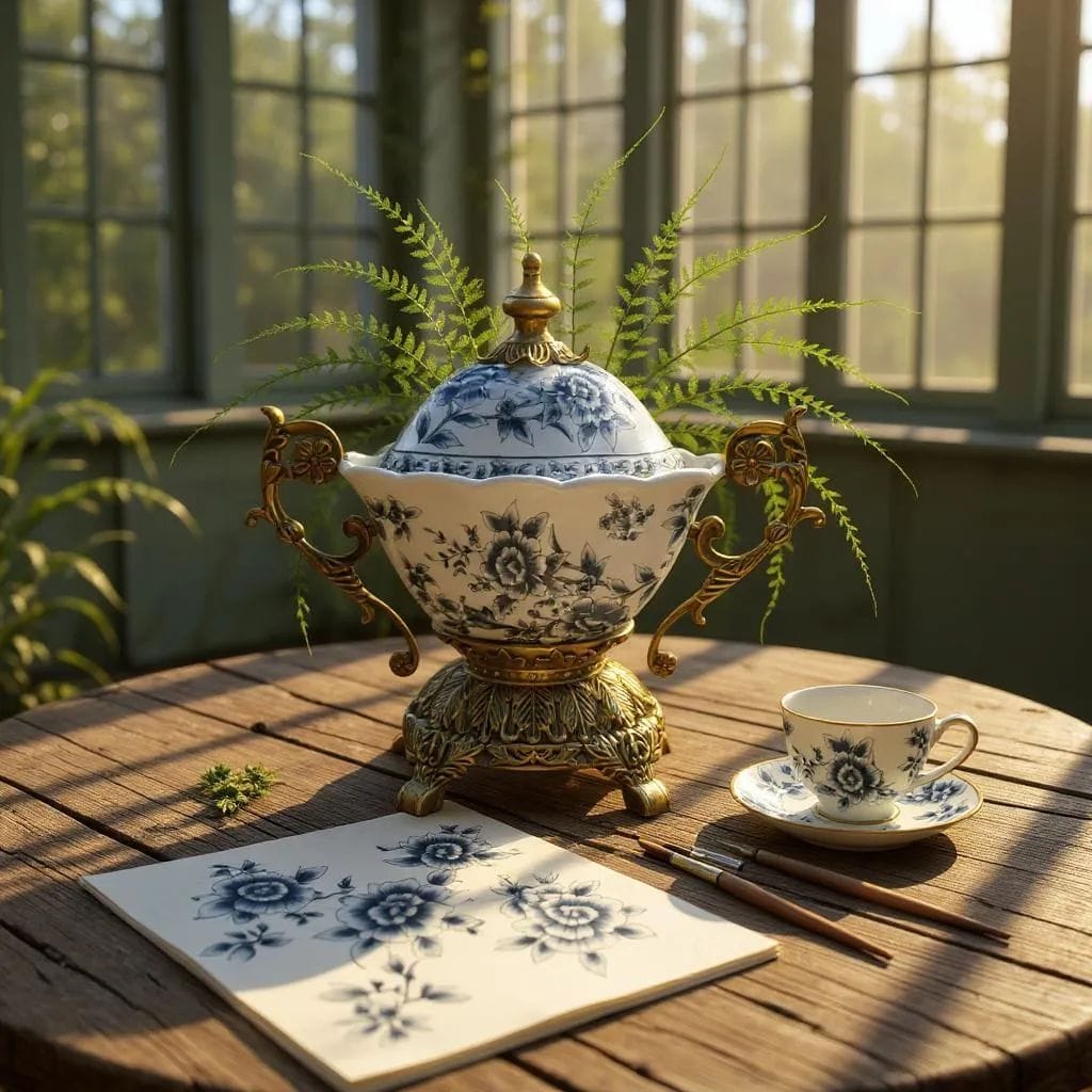 Crackled-glaze blue blanc porcelain tureen with ornate brass handles and footed base. Antique-inspired