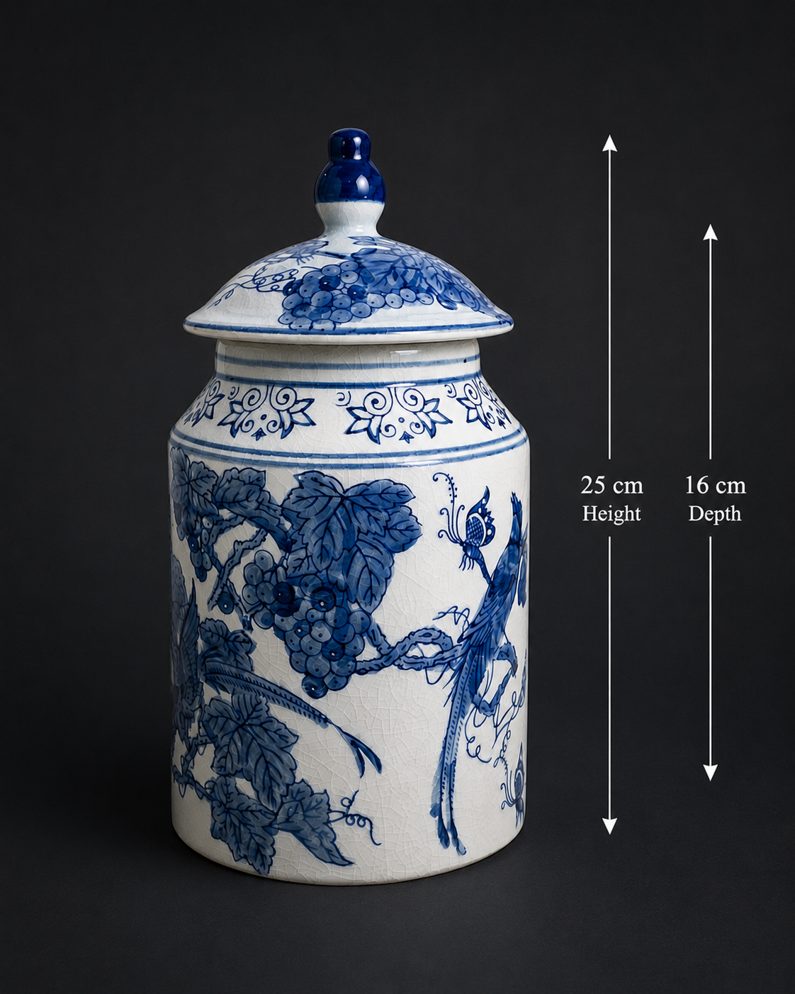 Bleu Blanc Porcelain Lidded Jar – Bird & Vineyard Motif