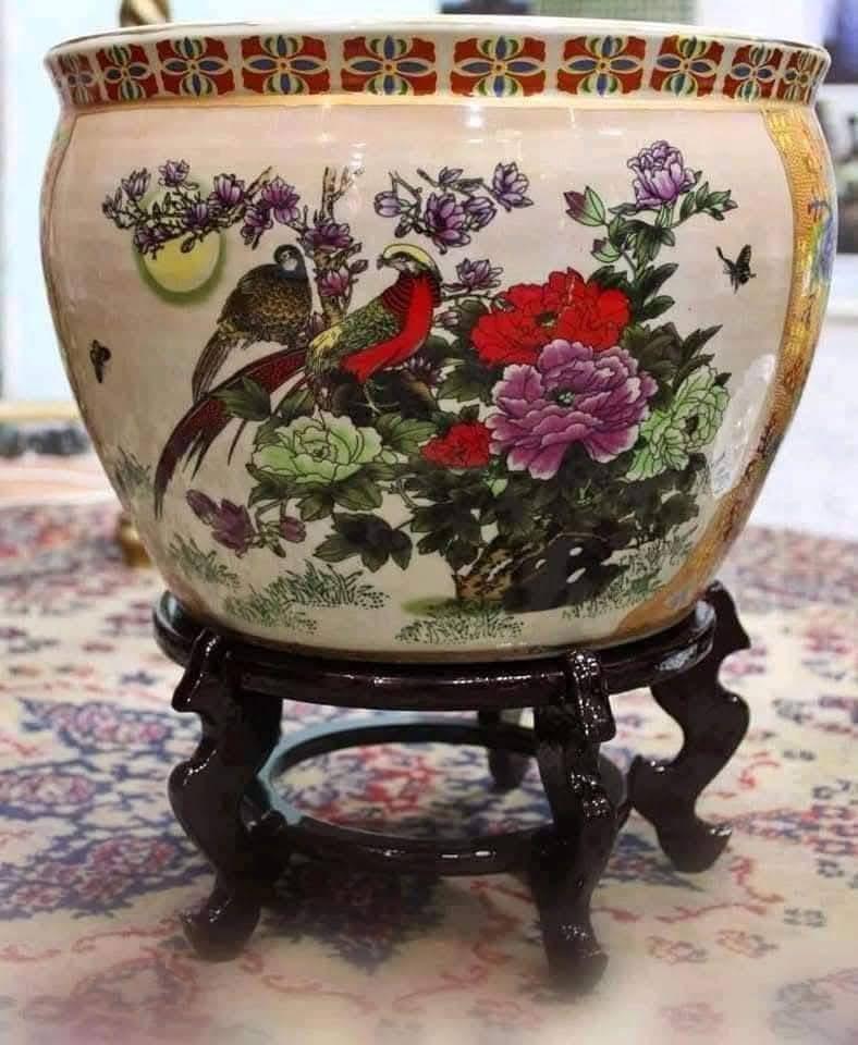 Porcelain Fishbowl Planter with Carved Wood Stand