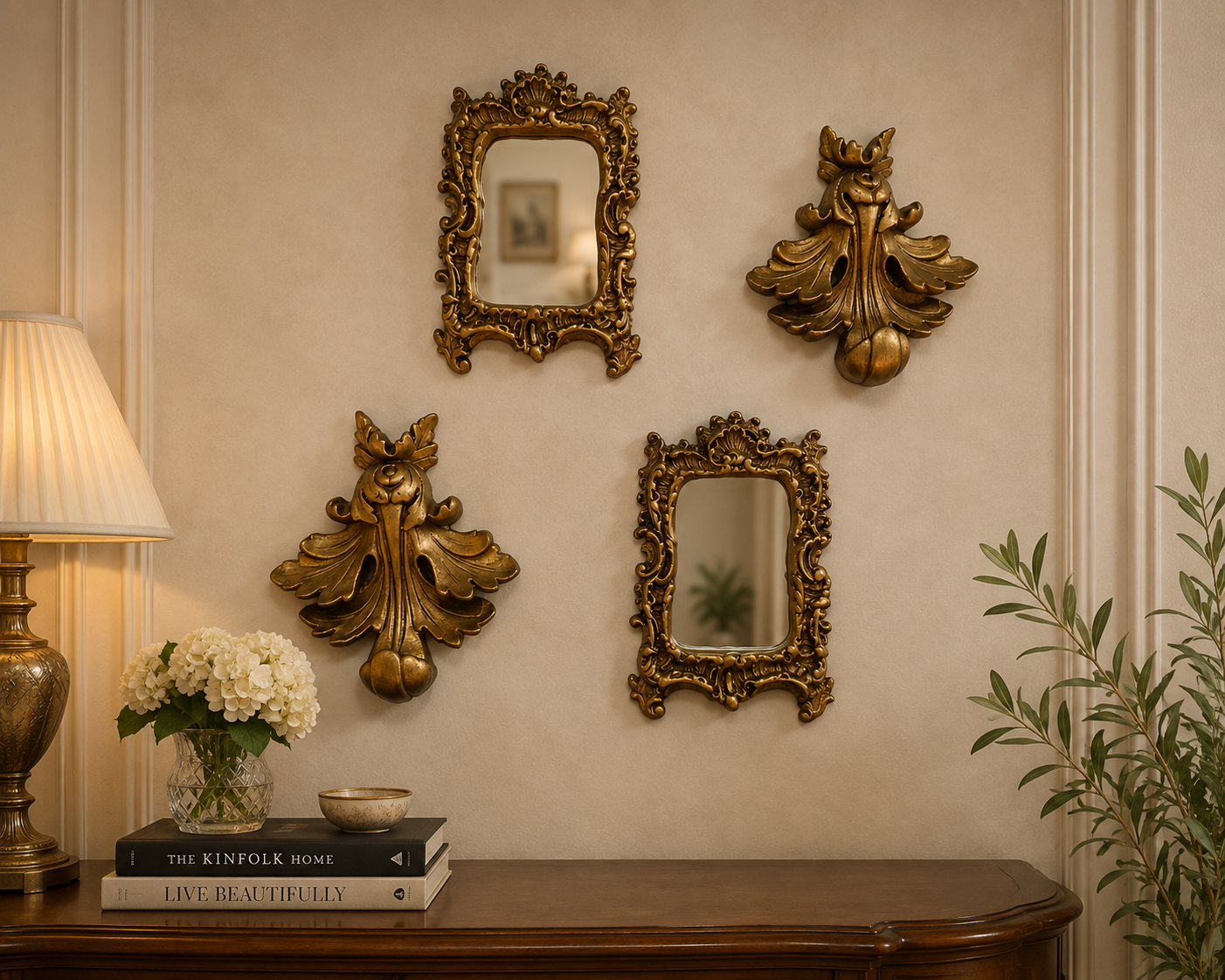 Antique-Style Gold Mirrors & Wall Ornament Set