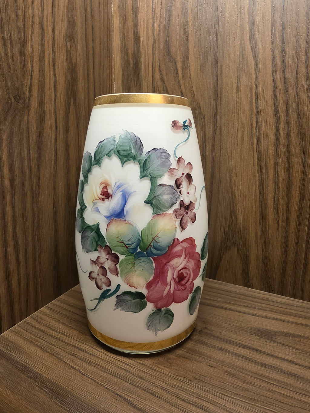 Vintage French Hand-Blown Opaline Glass Cask Vase with Hand-Painted Cabbage Roses and Gold Trim