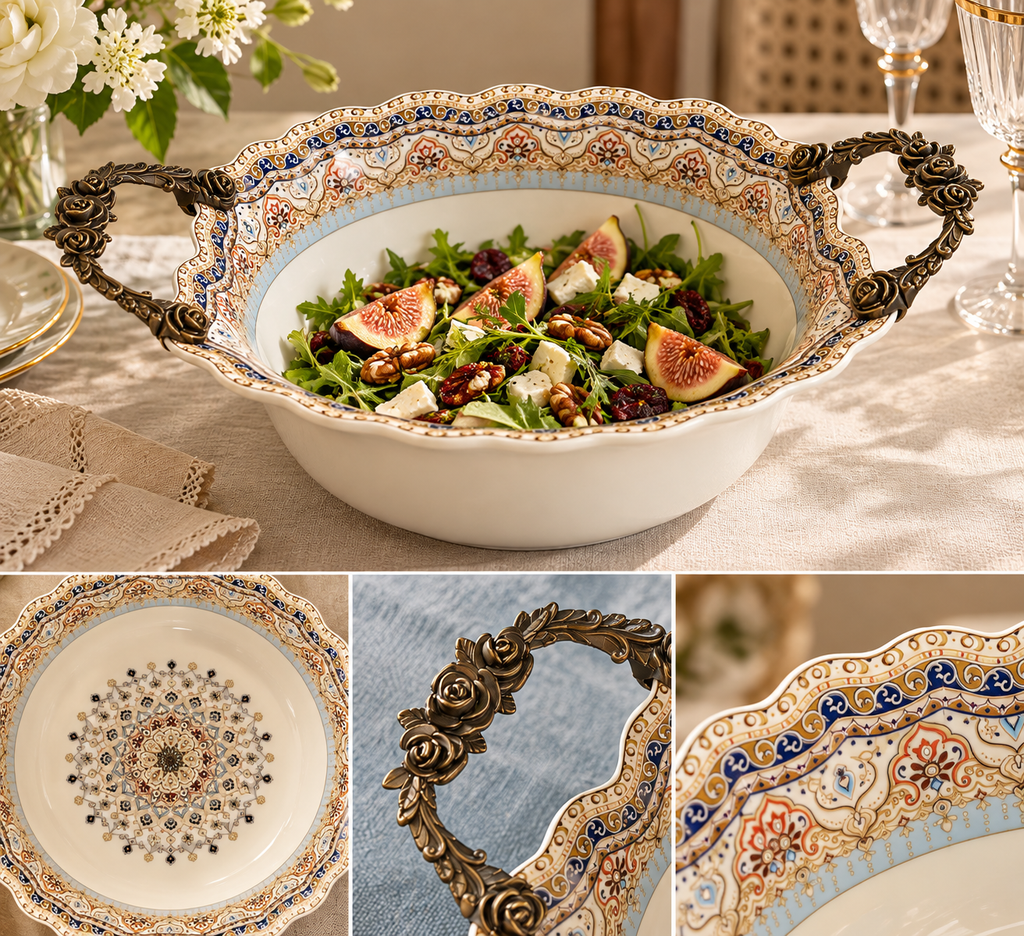 The Imperial Royale – Ornate Porcelain Serving Bowl with Sculpted Rose Handles