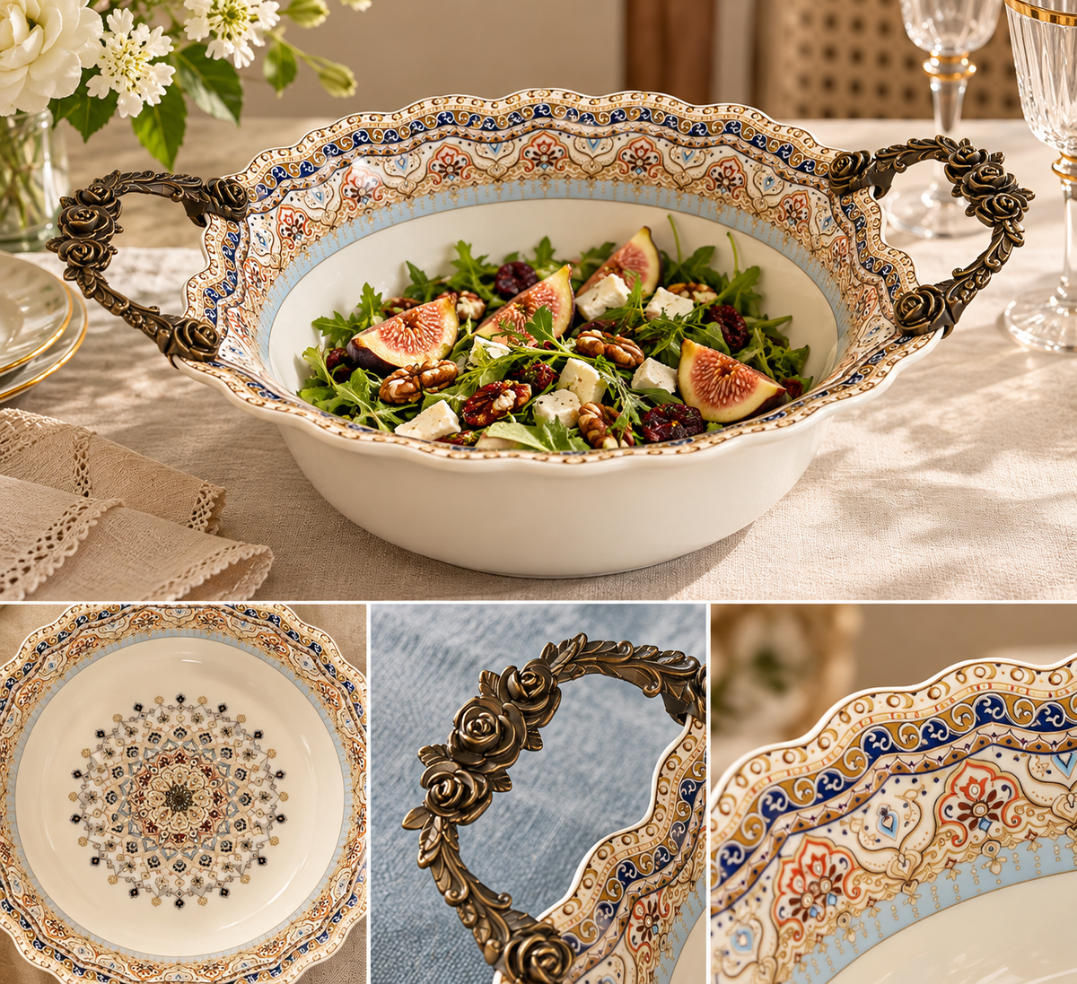The Imperial Royale – Ornate Porcelain Serving Bowl with Sculpted Rose Handles