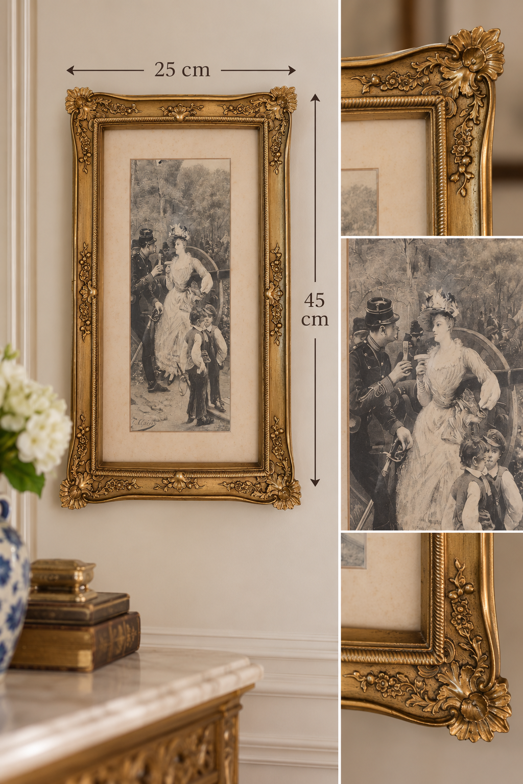 Ornate Antique-Gold Resin Frame with Romantic Victorian Scene
