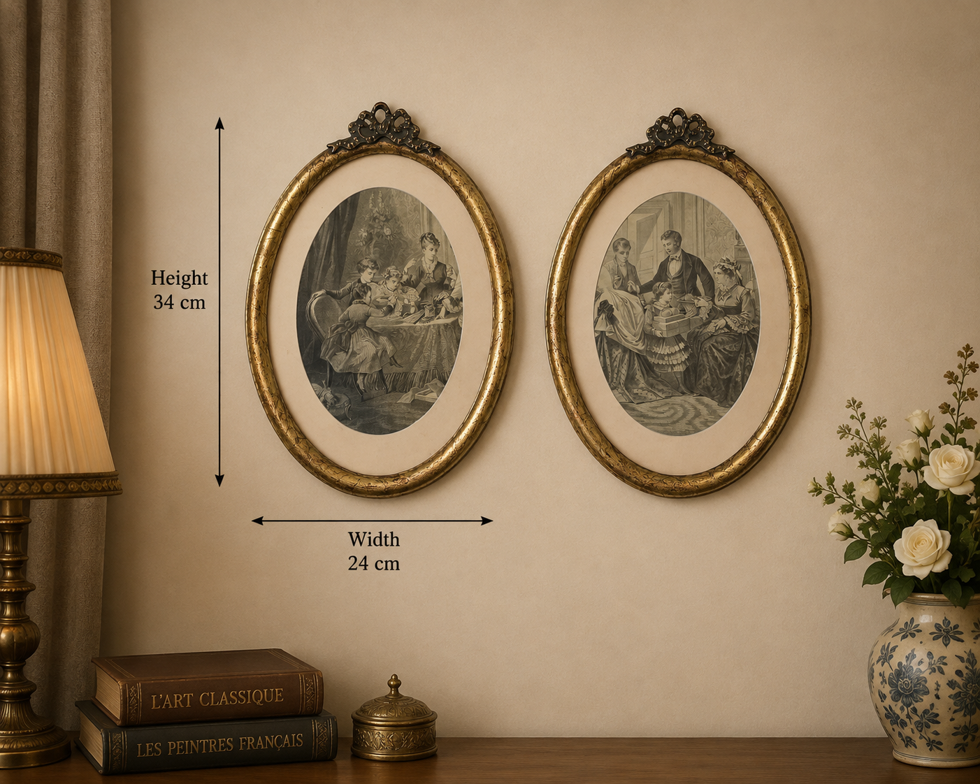 Pair of Vintage Victorian Engravings in Oval Gold Frames
