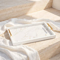 Imported Elegant White Marble-Effect Wooden Serving Tray with Gold Handles – 50 × 30 cm - Home Center UAE