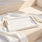 Imported Elegant White Marble-Effect Wooden Serving Tray with Gold Handles – 50 × 30 cm - Home Center UAE