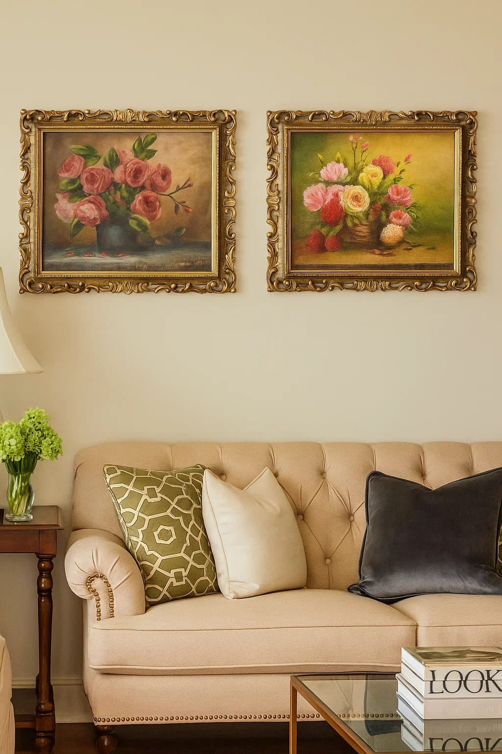 Set of 2 oil floral still-life paintings
Matching ornate gold frames wi...