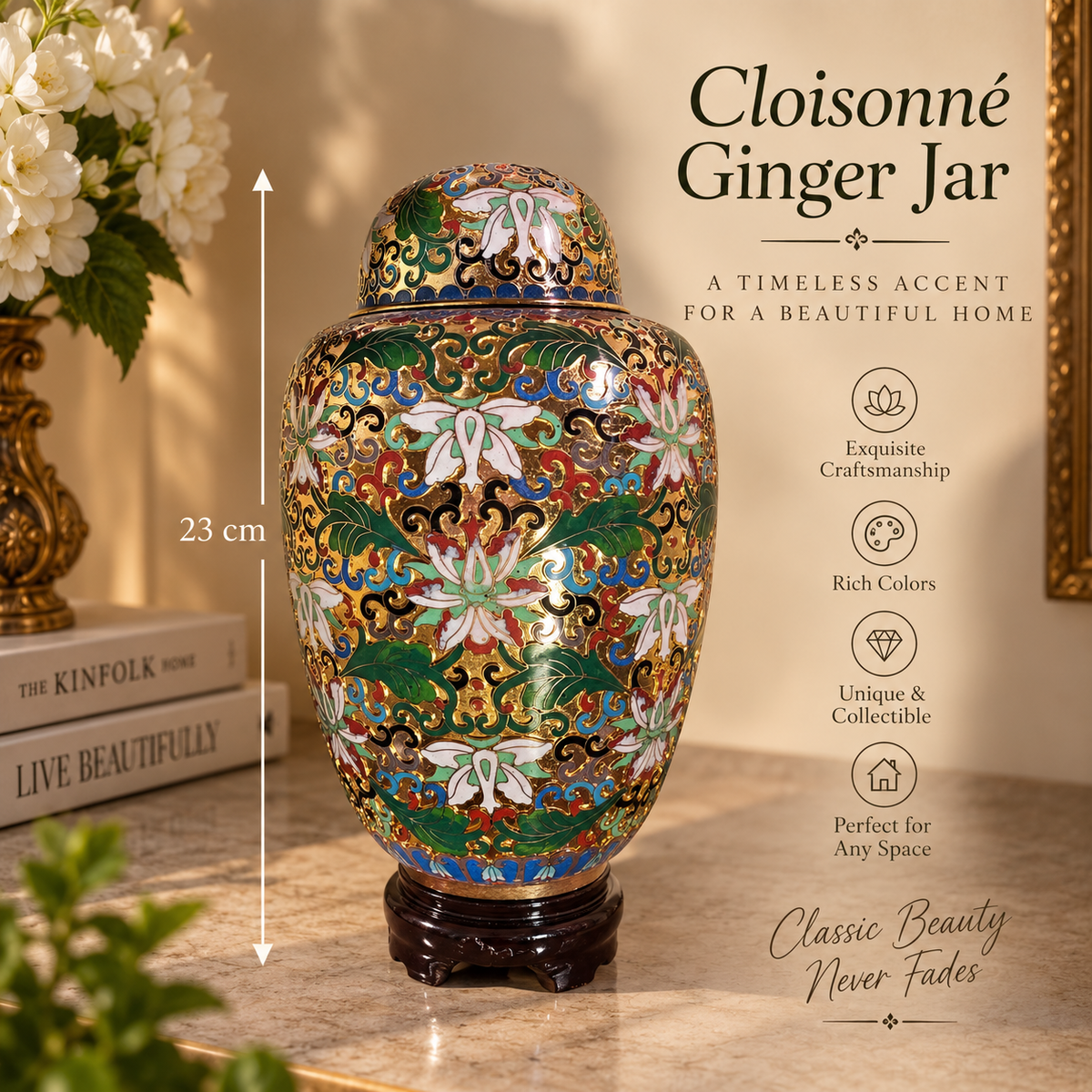 Vintage Floral Cloisonné Ginger Jar