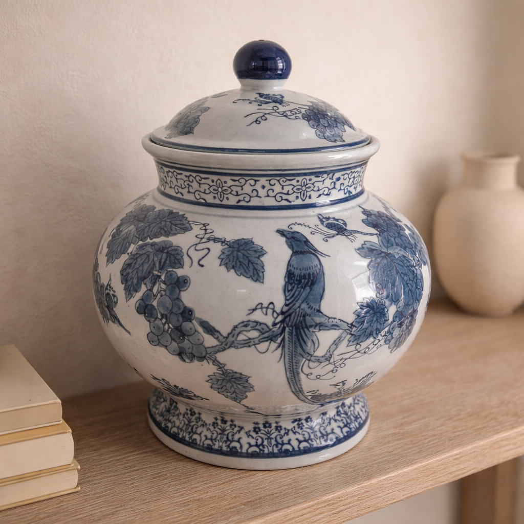 Bleu Blanc Porcelain Jar – Rounded Silhouette, Bird & Vineyard Motif