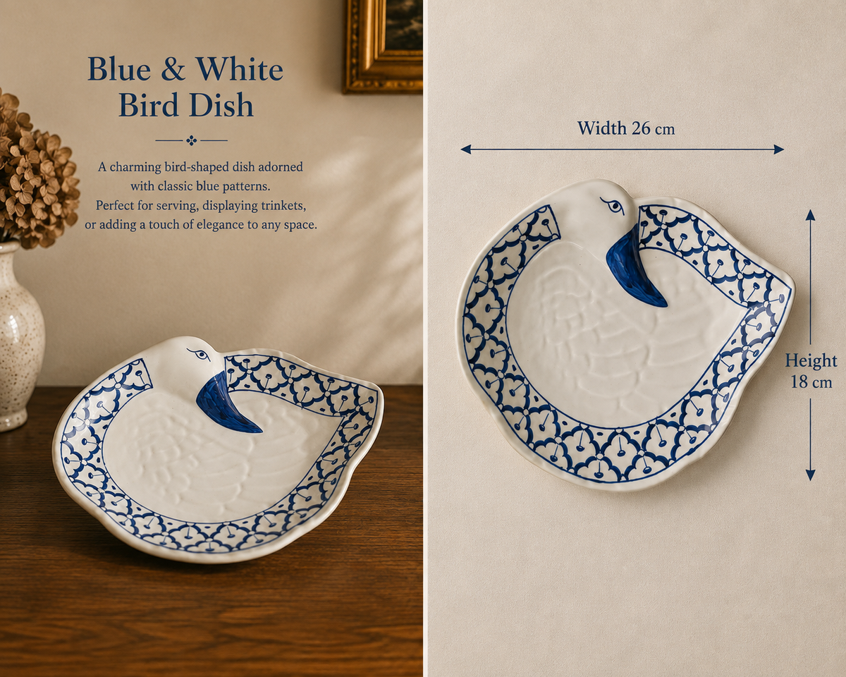 Vintage Hand-Painted Thai Blue & White Ceramic Duck Shaped Serving Dish