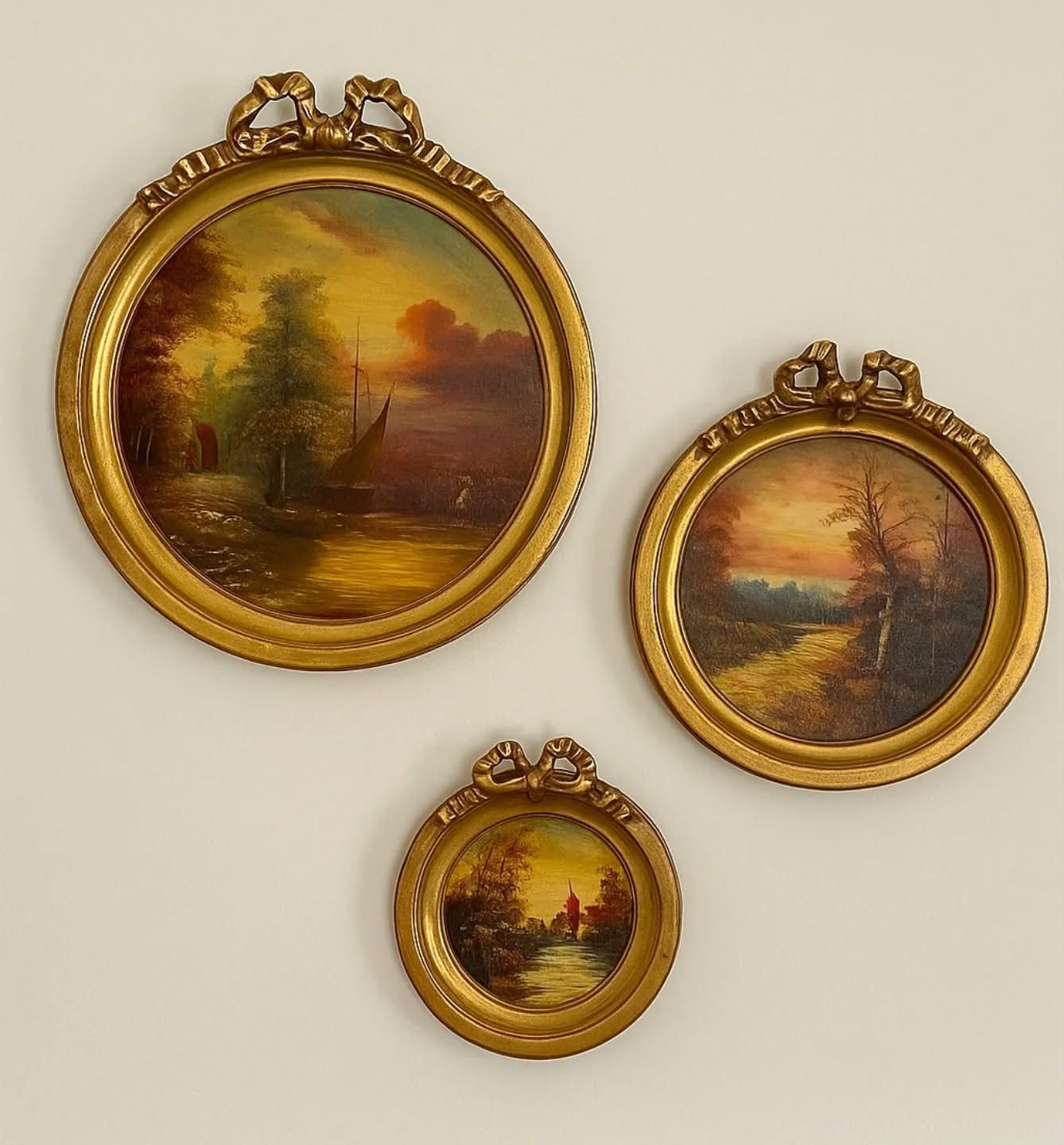 A set of three vintage-style oval frames in gold-tone with decorative cresting, each contai...