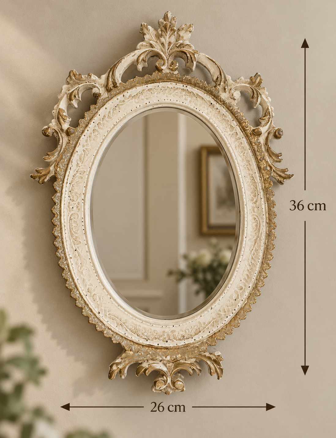 Ornate Ivory Oval Mirror – Baroque Style