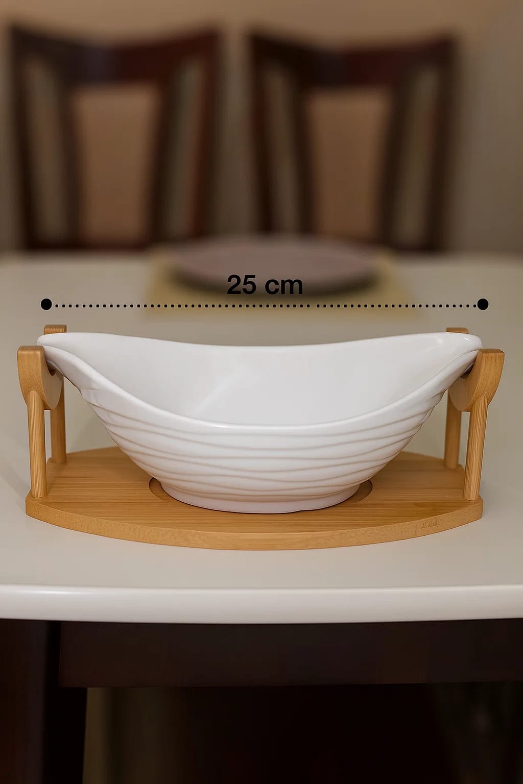 White Ceramic Serving Bowl with Wooden Stand — 25\text{ cm}