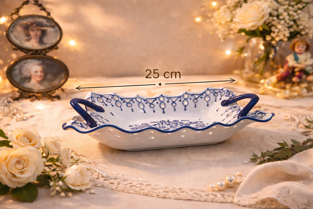 Bleu Blanc Scalloped Serving Bowl with Dual Handles - 25 cm
