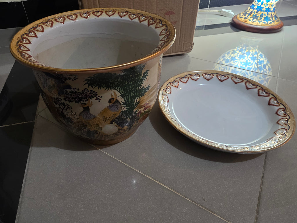 Vintage Satsuma Bird & Floral Porcelain Planter with Saucer