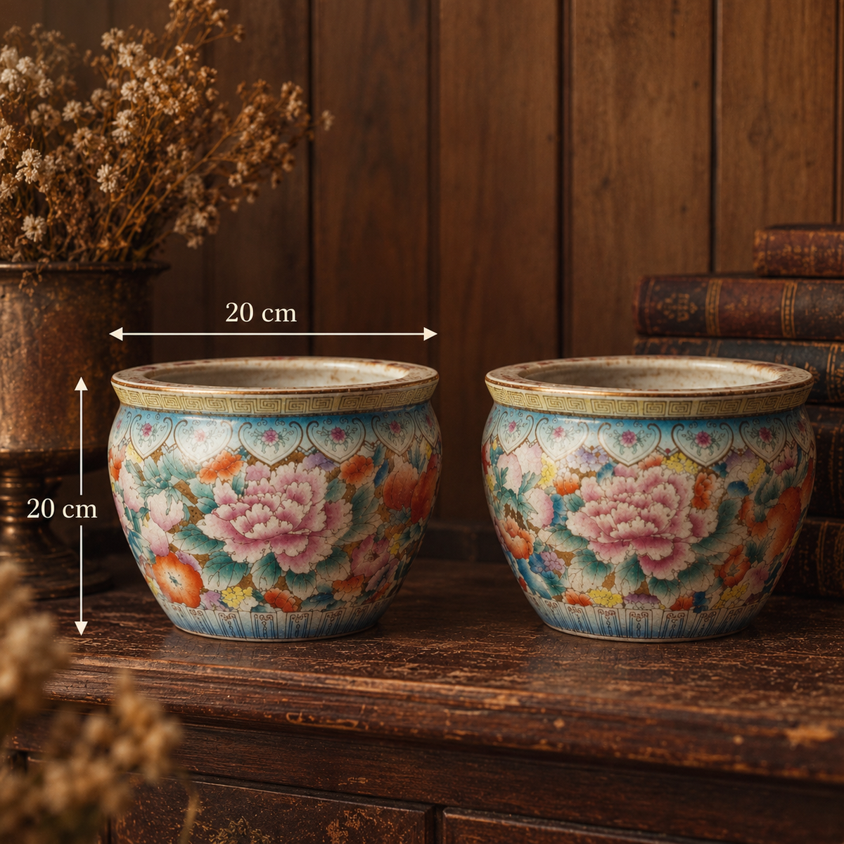 Vintage Chinoiserie Mille-Fleurs Porcelain Fishbowl Planters - A Pair