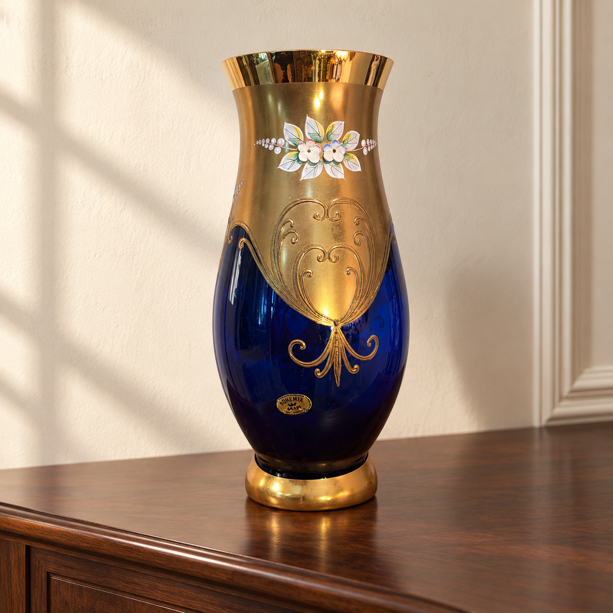 Bohemian Cobalt Glass Vase with Gold Detailing