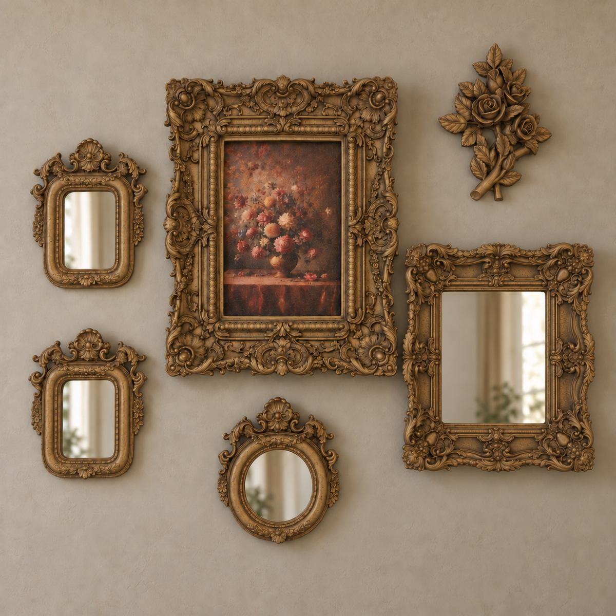Antique Gold Floral & Mirror Resin Wall Collection - 006