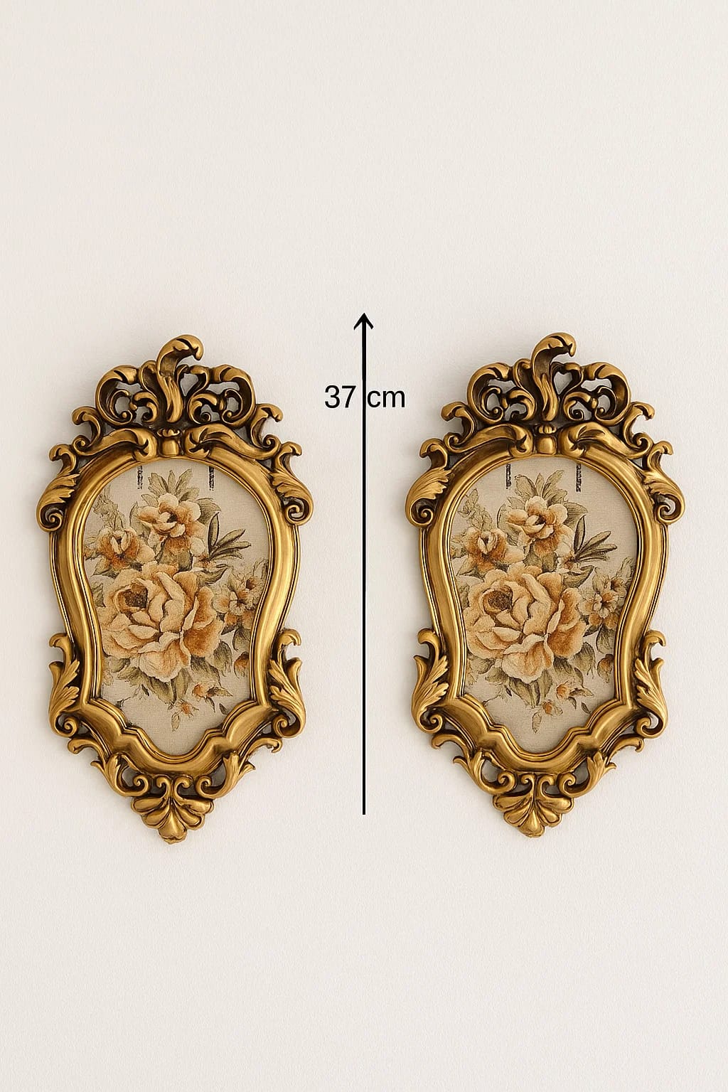 Pair of Turkish gobelin-style wall plaques with ornate gilt frames.