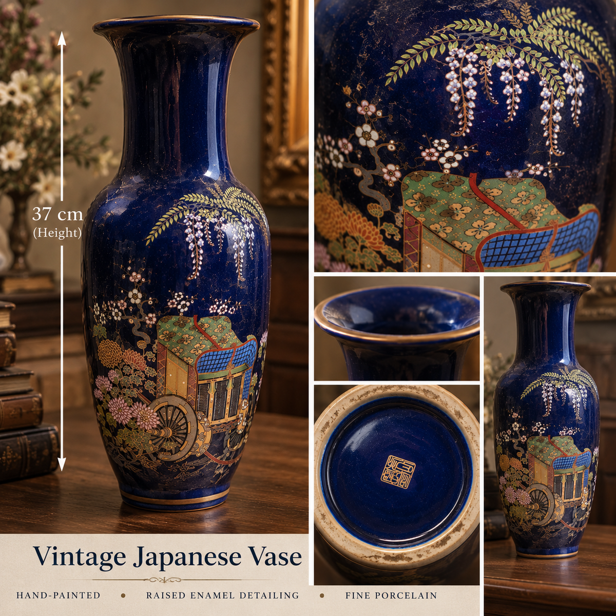 Vintage Daiichi Toki Japanese Cobalt Blue Porcelain Vase with Imperial Carriage and Wisteria Motif