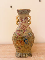 Pair of Vintage Chinese Vases Satsuma Style Crackle Glaze Gold Handles